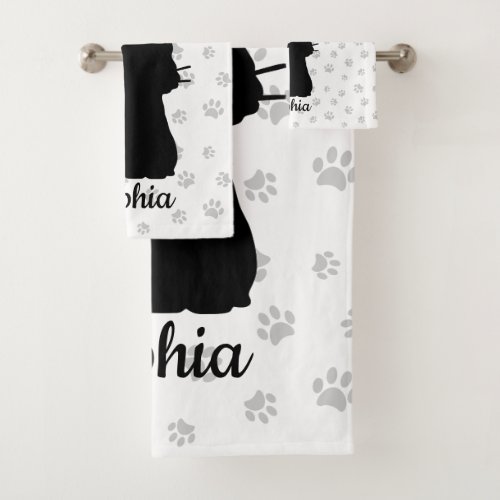 Black Cat Silhouette Pink Butterfly on Tail  Paws Bath Towel Set