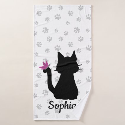 Black Cat Silhouette Pink Butterfly on Tail &amp; Paws Bath Towel Set