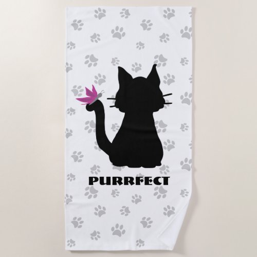 Black Cat Silhouette Pink Butterfly on Tail  Paws Beach Towel