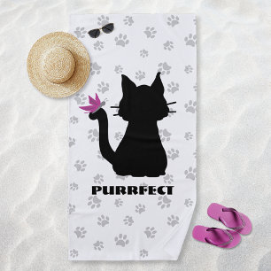 Black Cat Silhouette Pink Butterfly on Tail & Paws Beach Towel