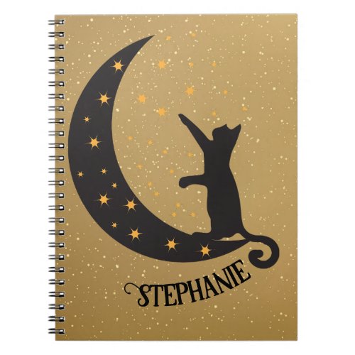 Black Cat Silhouette Playing With Gold Stars Notebook