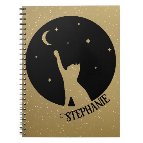 Black Cat Silhouette Reaching For Moon And Stars Notebook