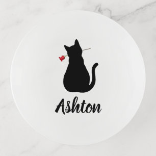 Black Cat Silhouette Red Rose Name Pet Lover Trinket Tray