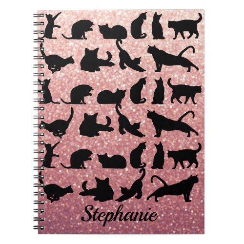 Black Cat Silhouette Rose Gold Ombre Glitter Notebook
