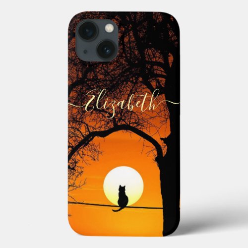 Black Cat Silhouette Sunset  Personalized iPhone 13 Case