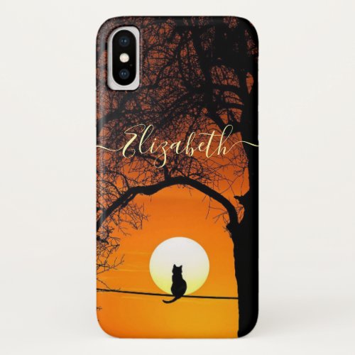 Black Cat Silhouette Sunset  Personalized iPhone XS Case