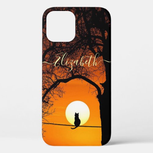 Black Cat Silhouette Sunset  Personalized iPhone 12 Case