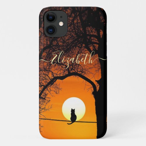 Black Cat Silhouette Sunset  Personalized iPhone 11 Case