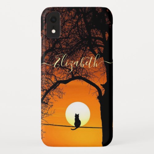 Black Cat Silhouette Sunset  Personalized iPhone XR Case