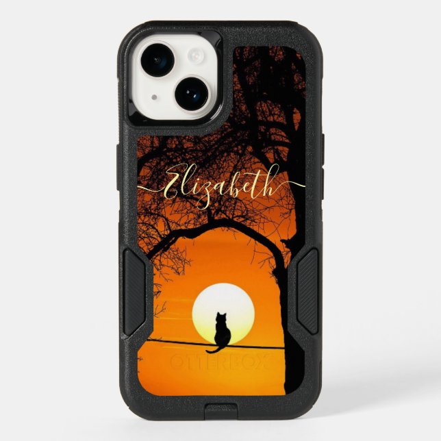 Black Cat Silhouette Sunset  Personalized Otterbox iPhone Case (Back)