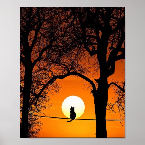 Black Cat Silhouette Sunset Poster