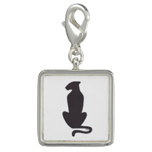Black Cat Silhouette white silver square charm