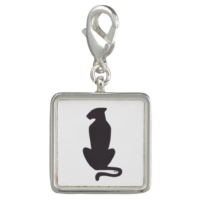 Black Cat Silhouette white silver square charm (Front)