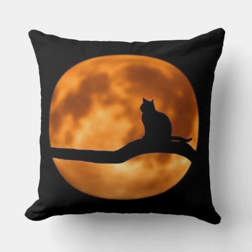Black Cat Silhouette With Blood Moon Throw Pillow