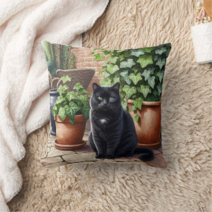 Black Cat Sitting by Ivy Plants Cat Lover Throw Pillow