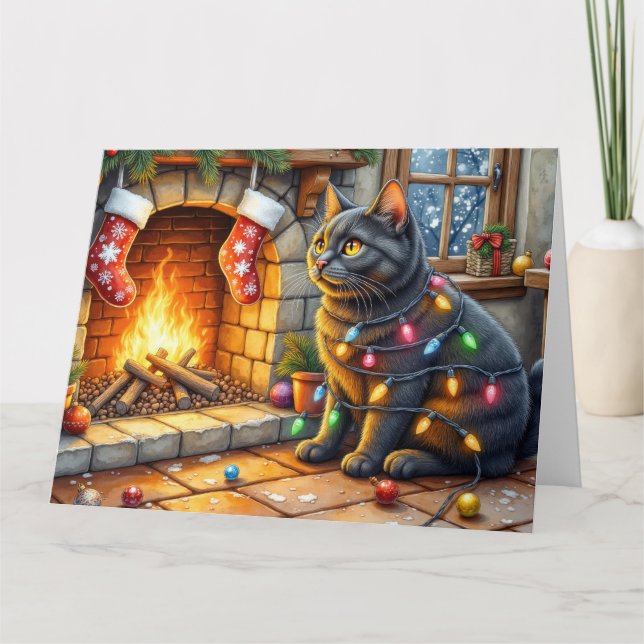 Black Cat Sitting Fireplace with Christmas Lights Card (Front)