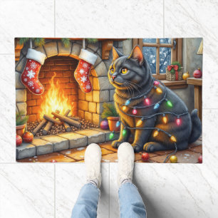 Black Cat Sitting Fireplace with Christmas Lights Doormat