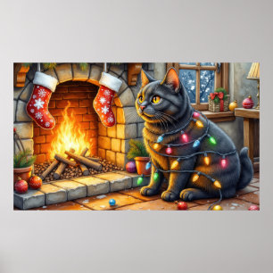 Black Cat Sitting Fireplace with Christmas Lights Poster