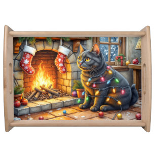 Black Cat Sitting Fireplace with Christmas Lights Serving Tray