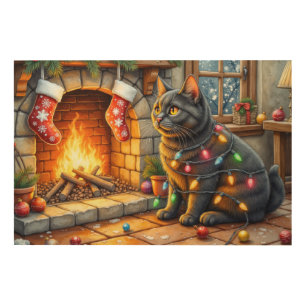 Black Cat Sitting Fireplace with Christmas Lights Wood Wall Art