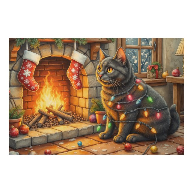 Black Cat Sitting Fireplace with Christmas Lights Wood Wall Art (Front)