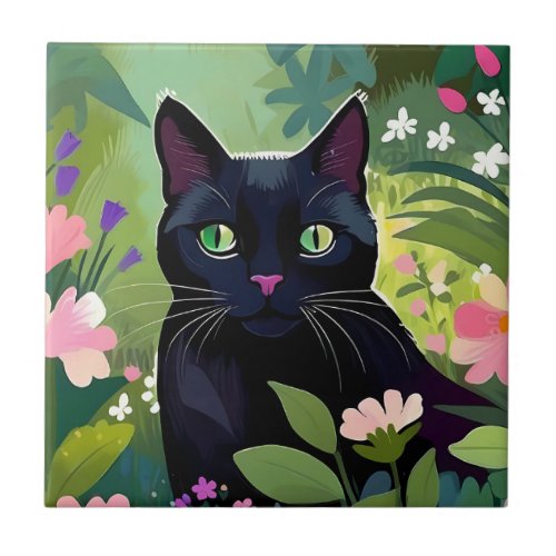 Black cat sitting in a field of flowers ceramic tile