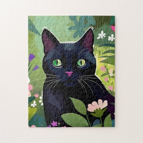 Black cat sitting in a field of flowers jigsaw puzzle
