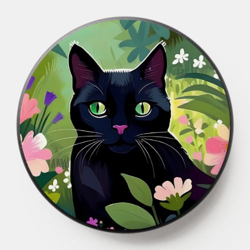 Black cat sitting in a field of flowers PopSocket