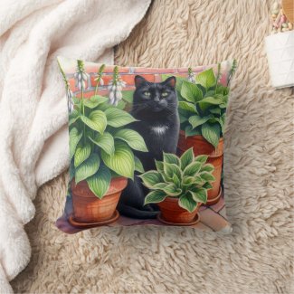 Black Cat Sitting in Hosta Garden Cat Lover 