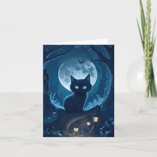 Black Cat Sitting in Spooky Forest Under Full Moon Card