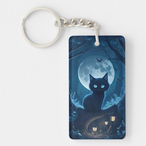 Black Cat Sitting in Spooky Forest Under the Moon Keychain