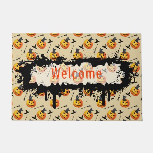 Black Cat sitting inside a Jack O Lantern Welcome Doormat