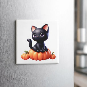 Black cat sitting on a pumpkin magnet