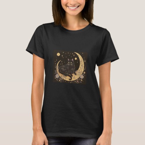 Black Cat Sitting on Crescent Moon Halloween T_Shirt