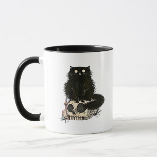 Black Cat Sitting On Skull Halloween Mug