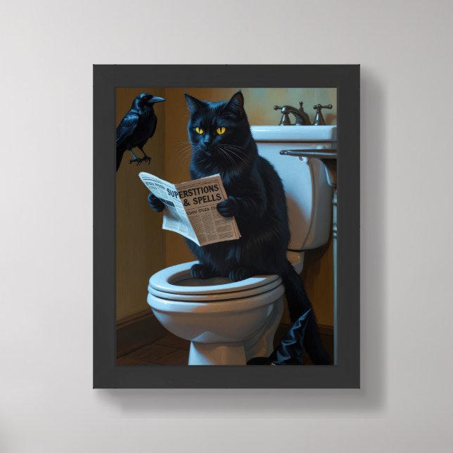 Black Cat Sitting On Toilet Funny  Framed Art (Framed Front)