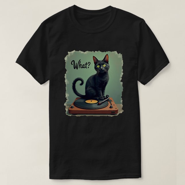 Black Cat Sitting on Vinyl Record Player T-Shirt - (Design Front)