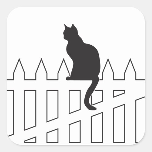 Black Cat Sitting on White Picket Fence Waiting Square Sticker