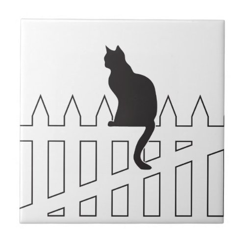 Black Cat Sitting on White Picket Fence Waiting Tile