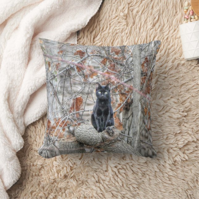 Black Cat Sitting Outdoors Throw Pillow (Blanket)