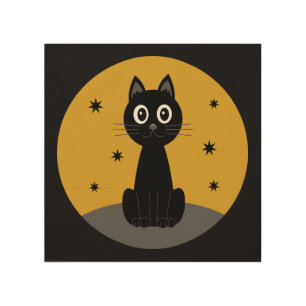 Black cat sitting watching the stars wood wall art