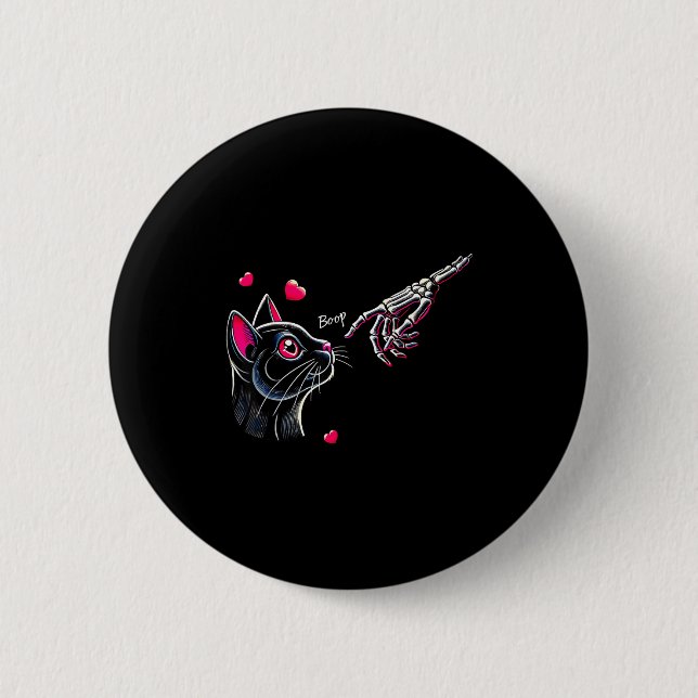 Black Cat Skeleton Hand Boop Valentine's Day Pet O Button (Front)