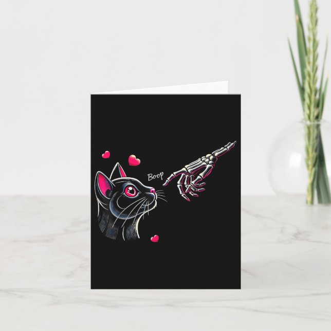 Black Cat Skeleton Hand Boop Valentines Day Pet Ow Card (Front)
