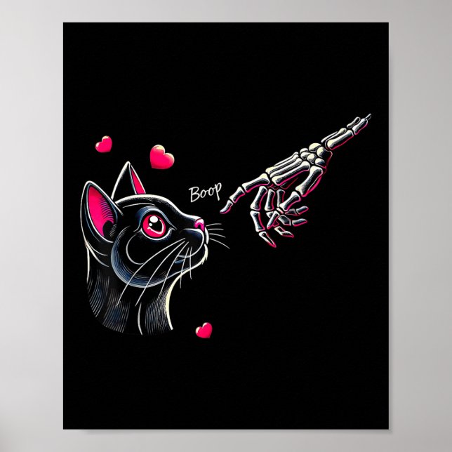 Black Cat Skeleton Hand Boop Valentines Day Pet Ow Poster (Front)
