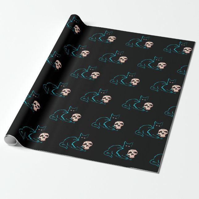Black Cat & Skull Halloween  Wrapping Paper (Unrolled)