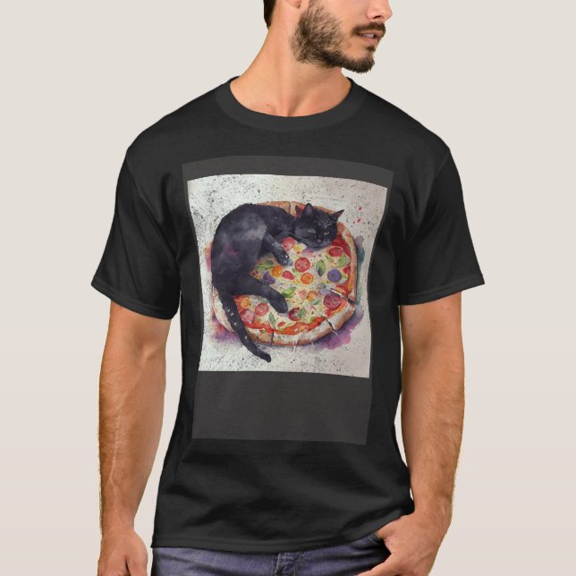 Black Cat Sleep Pizza T-Shirt (Front)