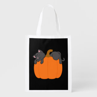 Black Cat Sleeping on Halloween Pumpkin Reusable Grocery Bag