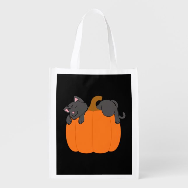 Black Cat Sleeping on Halloween Pumpkin Reusable Grocery Bag (Front)