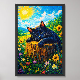 Black cat sleeping on wooden stump in sunny meadow framed art