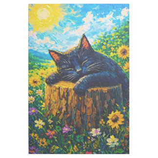 Black cat sleeping on wooden stump in sunny meadow gallery wrap